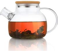 Théière en verre avec tamis 900ML pour le thé en vrac, couvercle en bambou & sécurité sur la cuisinière