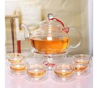 Théière en verre de 600 ml, service à thé comprenant 6 théières et un chauffe-théière, avec filtre et couvercle émaillés en verre borosilicaté de haute qualité