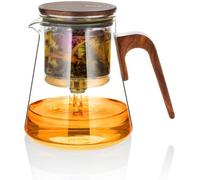 Théière en verre Unyqoos® pour thé en feuilles, avec filtre fin et couvercle magnétique, poignée en bois de noyer – verre borosilicaté et acier inoxydable, 800 ml (pour 2 à 4 personnes)