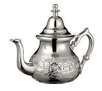 Théière marocaine argentée faite main, design gravé classique, avec filtre intégré et protège-poignée, idéale pour thé à la menthe, 1 litre (Extra Large)