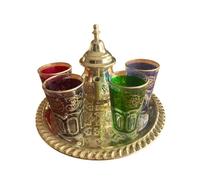 Théière Marocaine Artisanale 350ml avec Plateau Gravé en laiton doré et 4 Verres à Thé - Élégance Authentique de Fès