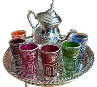 Théière Marocaine Artisanale 750ml avec Plateau en Laiton Argenté Gravé et 6 Verres à Thé - De Fès