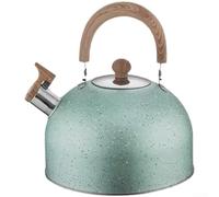 Théière sifflante 3 l en acier inoxydable 201 à fond plat (vert) | Acier inoxydable 201, sifflet lors de la cuisson, manche en bois, fond plat, adapté à l'induction, capacité de 2 l