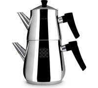 Théière traditionnelle turque Serenk, acier inoxydable 18/10, bouilloire à ébullition rapide pour cuisinière, 2 couvercles, fond thermocapsule forgé extra-robuste, design poli miroir, 3 pintes, noir