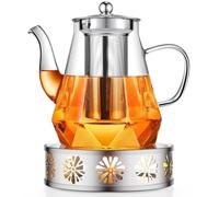 Théière Unyqoos® en verre, 1,2 litre, avec une soucoupe décorée et un filtre en acier inoxydable amovible, en verre borosilicaté, avec un bec verseur anti-goutte