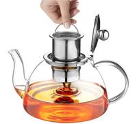 Théière Unyqoos® en verre de 1300 ml, avec un filtre en acier inoxydable fin amovible, percé au laser, et un couvercle. Fabriquée en verre borosilicaté, elle possède un bec verseur anti-goutte et est