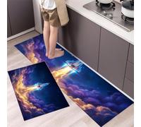 Thème L'Univers Des Dessins Animés Tapis de Cuisine 2 pièces, Lancement Fusée Tapis de Cuisine antidérapant, Bleu-Violet Absorbant pour Couloir Salle à Manger, Entrée et Porte - 44x70+44x120cm