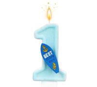 Thème Surf Bougie d'Anniversaire Numéro 1, Bleu Paillettes Décoration Gâteau pour Garçon 1er Anniversaire Océan et Bord de Mer Décoration Fête Baby Shower Fournitures (Planche de Surf)
