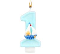 Thème Surf Bougie d'Anniversaire Numéro 1, Bleu Paillettes Décoration Gâteau pour Garçon 1er Anniversaire Océan et Bord de Mer Décoration Fête Baby Shower Fournitures (Voilier)