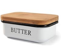 Theo&Cleo Beurrier avec couvercle en bois, cloche à beurre pour 250 g de beurre, bol multifonction, couvercle en bambou, blanc