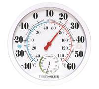 Thermomètre Hygromètre Intérieur Extérieur Rond Blanc 25cm -40°C à 60°C | Dispose d'un cadran analogique blanc avec des échelles noires indiquant des températures de -40 °C à 60 °C et des niveaux