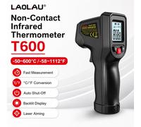 Thermomètre infrarouge numérique -50~600°C/-58~1112°F, thermomètre infrarouge sans contact, ratio D:S 12:1, visée laser, écran LCD rétroéclairé, lecture rapide 0,5s, commutateur ℃/℉, mémorisation des 