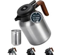 Thermos de 1,5 l, cafetière et théière en acier inoxydable 304 à double paroi, théière isotherme avec filtre amovible, thermos avec poignée en bois, garde au chaud pendant 12 heures / au frais pendant
