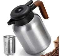 Thermos de 1,5 l, cafetière et théière en acier inoxydable 304 à double paroi, théière isotherme avec filtre amovible, thermos avec poignée en bois, garde au chaud pendant 12 heures / au frais pendant