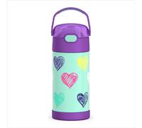 THERMOS FUNTAINER Bouteille d'eau avec paille - 355 ml - Bouteille d'eau isotherme en acier inoxydable pour enfants avec couvercle, motif cœurs