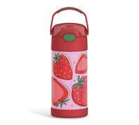 THERMOS FUNTAINER Bouteille d'eau avec paille - 355 ml - Bouteille d'eau isotherme en acier inoxydable pour enfants avec couvercle, motif fraises souriantes