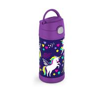 THERMOS FUNTAINER - Bouteille isotherme pour enfants en acier inoxydable avec paille en silicone et poignée, 0,35 l (licorne arc-en-ciel)