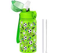 Thermos pour enfants Ibenzoa® de 550 ml, en acier inoxydable, à double paroi, avec paille et couvercle rabattable, sans BPA – Maintien du froid pendant 12 heures / Maintien du chaud pendant 8 heures