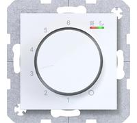 Thermostat d'ambiance Hager, 230V/16A, pour chauffage, avec bouton rotatif/poussoir, finition blanche brillante, 1 pièce.
