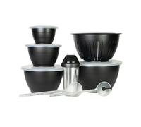 Thiru Lot de 8 saladiers noirs avec couvercles - 8 pièces 0,6 l/1,3 l/2,5 l/4,4 l/6,5 l - Avec couvercle, passoire, couverts à salade - Sans BPA - Fabriqué en Allemagne