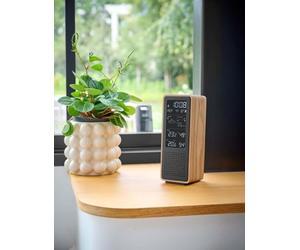 THOMSON Enceinte Bluetooth 5.3 et Station Météo Sans Fil, Radio FM, Horloge Radiopilotée, Thermomètre et Hygromètre Intérieur/Extérieur, Qualité de l'Air, Structure Bois - Noir - WS102TBK