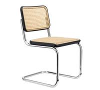 Chaise à piétement luge S 32 chromé ; bois courbé hêtre teinté noir cannage tendu natur 46x81x58 cm
