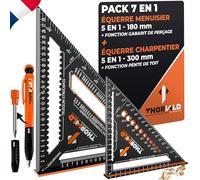 THORVALD Pack 7 en 1 Equerre Menuisier 180 mm + Charpentier 300 mm + Crayon Chantier - Multifonction : Trusquin/Raporteur/Pente de toit/Equerre a chapeau - Aluminium - Outil pour gagner du temps