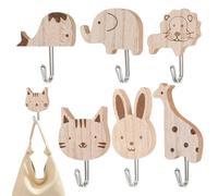 THQAE 6 Pcs patere enfant, patere, patere murale enfant, patères autocollantes en bois motif animaux mignons, motif éléphant, baleine, chat, lion, lapin, girafe, pour chambre, salle de bain, cuisine