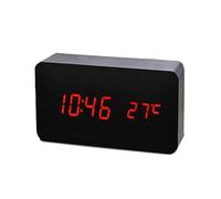 ThreeH Réveil numérique en Bois avec écran LED Clendrier/Heure/température, contrôle du Son USB ou alimenté, 3 réveils, décoration AC11 Noir Rouge