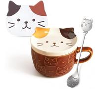 Tianher Tasse Chat, 300ml Tasse De Chat Mignon En Céramique Avec Couvercle Cuillères Et Sous-Verres Set De Tasses à Café Amusante Pour Les Amoureux Des Chats Idée Cadeau Noël Et Anniversaire (Marron)