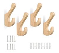 TIANLIN Set de 4 Patère Murale en Bois de Chêne, Double Crochet Porte Manteau Mural, Vintage pour Entrée Chambre Cuisine Balcon - avec Vis et Chevilles
