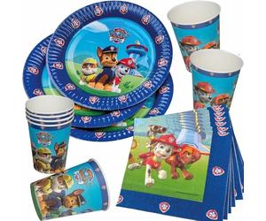 TIB Heyne Kit de fête 33 pièces * PAW Patrol * avec assiettes + gobelets + serviettes + déco | Bleu pour anniversaire d'enfants garçons, thème chiens policiers, ballons gonflables