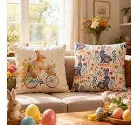 Tidgel Housse de coussin en tissu doux pour décoration de canapé, salon, chambre à coucher, fête de vacances, motif lapin de Pâques 44 x 44 cm, bleu, rouge, violet, jaune (N3-1 bleu)