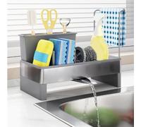 Tidgel Organiseur d'évier de cuisine en acier inoxydable avec plateau de drainage pour éponges, brosses et chiffons, panier de comptoir antirouille pour la maison et le café, noir (gris)
