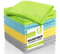 TidyBliss Lot de 12 Chiffon Microfibre, Réutilisables Torchons Lavette Lingette Micro Fibre Ménage 32 x 32 cm pour Maison, Cuisine, Voiture et Fenêtre, Non Pelucheux (Vert/Bleu/Jaune/Gris)
