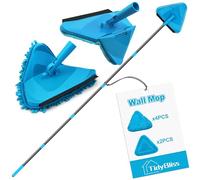 TidyBliss Vadrouille de Nettoyage Triangulaire avec Long Manche de 202 cm et Tête Rabattable, Rotation à 360°Balai Plafond avec 4 Patins en Chenille et 2 en Microfibre pour Fenêtres et Sols (Bleu)
