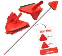 TidyBliss Vadrouille de Nettoyage Triangulaire avec Long Manche de 202 cm, Rotation à 360°Balai Plafond avec Tête Rabattable, 3 Patins en Chenille et 3 en Microfibre pour Fenêtres et Sols (Rouge)