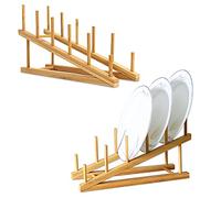 TIE-DailyNec 2 Pièces Egouttoir Vaisselle Bois, Support de Bambou pour Assiettes, 5 Compartiments Rangement Cuisine Egouttoir en Bambou pour Ranger des Assiettes, des Livres, des Verres à Vin
