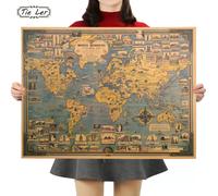 TIE LER Papier Kraft Bleu Vintage Poster Carte du Monde Grande Muraille Stickers Bâtiment Art Artisanat Carte Bar Café Décor 68.5X51.5cm~000461