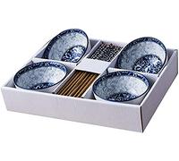 TIECHUINIUB Lot de 4 bols chinois et baguettes pour soupe de riz, bols et baguettes en céramique, bols à riz en céramique, bols à céréales en porcelaine bleue et blanche avec boîte délicate comme