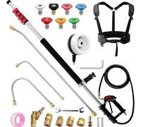 Tige d'extension télescopique de 7,78 mètres pour nettoyeur haute pression, comprenant : une brosse ronde, 3 tubes pour gouttières, 7 buses, 2 raccords, un raccord pour tiges, du ruban adhésif étanche