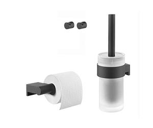 Tiger Bold Ensemble d'Accessoires de Toilettes - Porte-Brosse WC- Porte-Rouleau Papier Toilette sans Rabat - Crochets Porte-Serviette - Noir En 4 parties