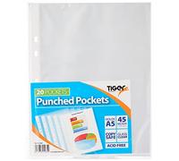 Tiger - Lot de 20 chemises/porte-documents à pochettes perforées A5 résistantes et transparentes
