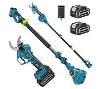 TIHOOK Sécateur Électrique Avec Perche, 2-en-1 Sécateur Electrique Sans Fil Télescopique de 2.5m, 2 batteries de 4000mAh, Moteur sans balais, LCD, Ouverture maximale de 55 mm Pour Jardin Arbres Fleurs