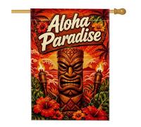 Tiki Drapeau de maison, torche d'hibiscus tropicale rouge été double face en toile de jute pour extérieur, terrasse, pelouse, entrée, camping 71 x 101,6 cm