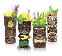 Tiki Mugs Lot de 4 mugs en céramique Hawaïen pour cocktails, gobelets tropicaux de qualité supérieure pour fête exotique
