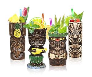 Tiki Mugs Lot de 4 mugs en céramique Hawaïen pour cocktails, gobelets tropicaux de qualité supérieure pour fête exotique