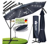 tillvex Alu Parasol bleu LED solaire Ø 300 cm avec manivelle | Parasol avec interrupteur on/off | Parasol de jardin protection UV aluminium | Parasol à manivelle avec support Parasol de marché étanche