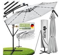 tillvex Alu Parasol Gris LED Solaire Ø 350 cm avec manivelle | Parasol avec interrupteur marche/arrêt | Parasol de jardin protection UV aluminium | Parasol à manivelle avec support Parasol de marché é