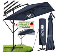 tillvex® Alu Parasol Rectangulaire Ø 330 cm Bleu Marine + Couverture avec Manivelle | Parasol Ampli Carré avec Support & Paravent | Parasol de Jardin Protection UV Aluminium | Parasol à Manivelle Para